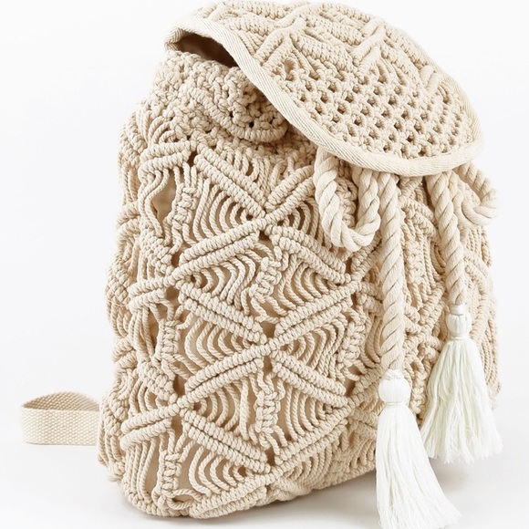1 Left Crochet Cotton Boho Backpack w/Tassels - Picture 4 of 8